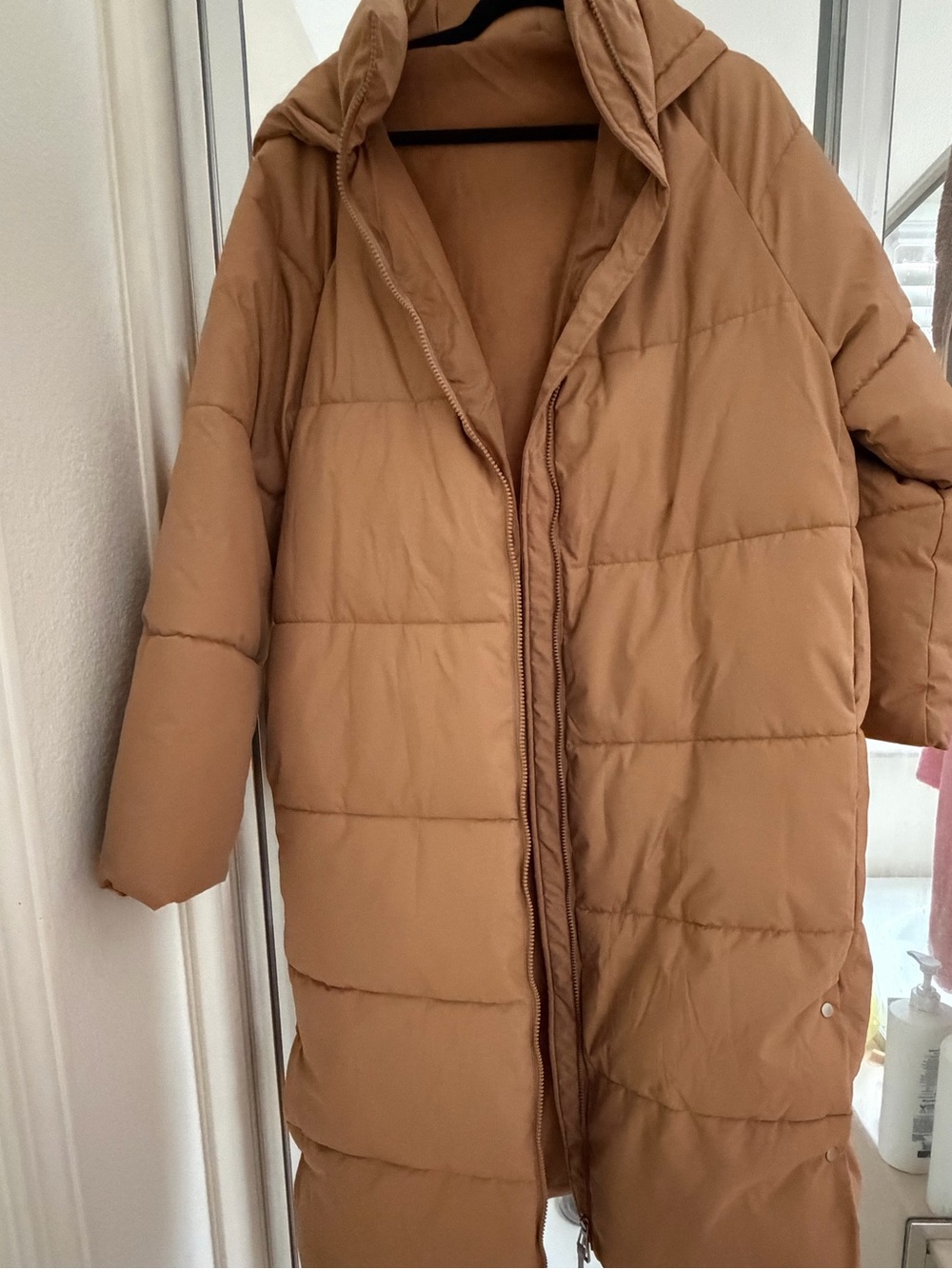 Women's Long Tan Puffer Coat with Hood